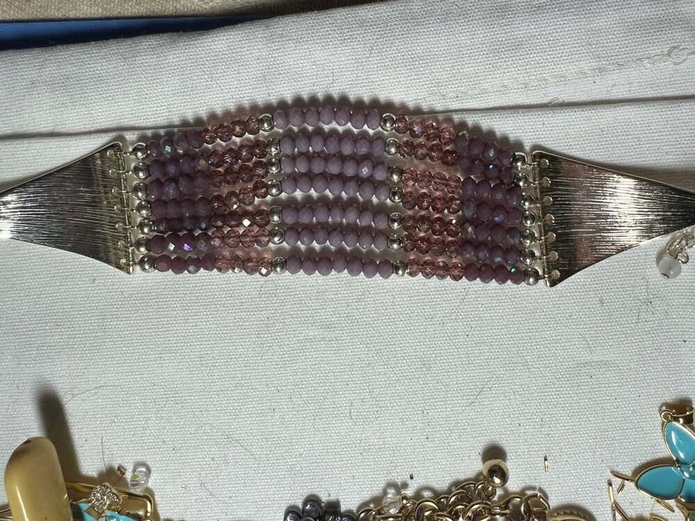 SHB Multi-Strand Faceted Purple Crystal Bead Bracelet with Silver-Tone Triangula